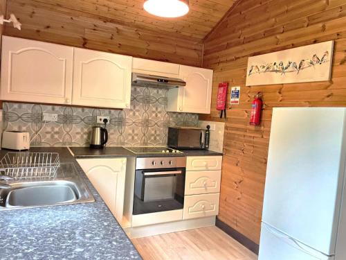 a kitchen with white cabinets and a sink and a refrigerator at Goldcrest 1-Hot Tub-Woodland Lodges-Carmarthenshire-Tenby in Carmarthen