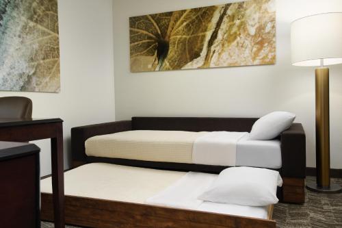 a room with two beds and a table with a lamp at SpringHill Suites Richmond Northwest in Richmond