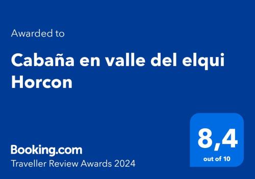 Cabaña en valle del elqui Horcon tesisinde sergilenen bir sertifika, ödül, işaret veya başka bir belge