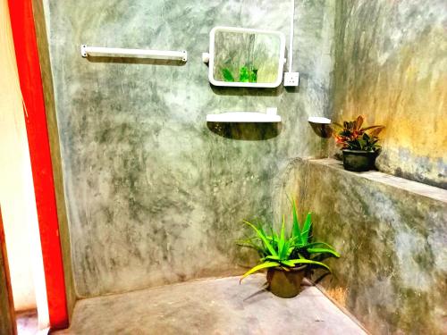 a bathroom with a shower with plants in it at Mount Rest Villa in Hikkaduwa