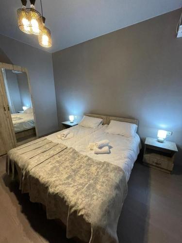 a bedroom with a large bed with two towels on it at Hotel Lumi in Zugdidi