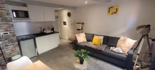 a living room with a couch and a kitchen at Parfum Rose in Grasse