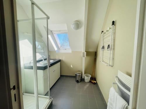 ein kleines Bad mit einer Dusche und einem Waschbecken in der Unterkunft Domaine de Manehouarn in Plouay