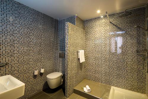 a bathroom with a toilet and a sink and a shower at Les appartements de l'Helios - Ile des Embiez in Six-Fours-les-Plages