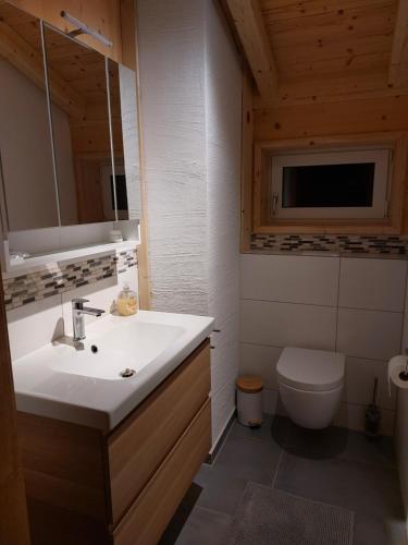 a bathroom with a sink and a toilet at Panoramaplatzl in Goldegg