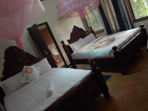 a bedroom with two beds and a mirror at DISCOVERY COURTS HOTEL in Entebbe