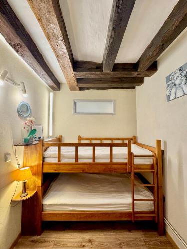 Cette chambre dispose de 2 lits superposés et de plafonds en bois. dans l'établissement MEUBLE PANORAMIQUE 2 à 6 PERSONNES AU CHÂTEAU DE JALLANGES, à Vernou-sur-Brenne
