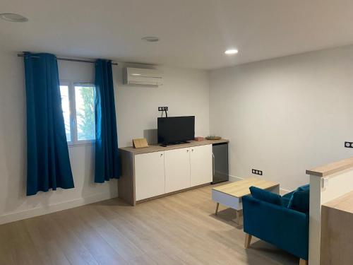 a living room with a tv and a blue couch at Chambre atypique in Domène