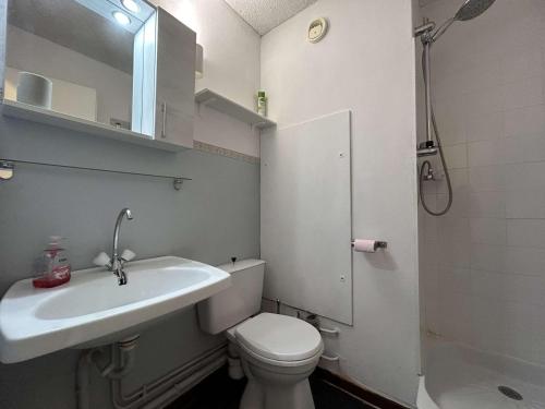 une salle de bain avec un lavabo, des toilettes et une douche dans l'établissement Confortable studio 2 pers. à Montgenèvre, balcon ouest, bien équipé, parking, options WiFi et linge - FR-1-330D-22, à Montgenèvre