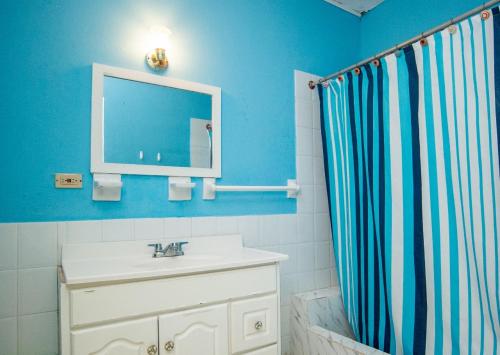 a blue bathroom with a sink and a shower curtain at Waterloo Guest House in Black River