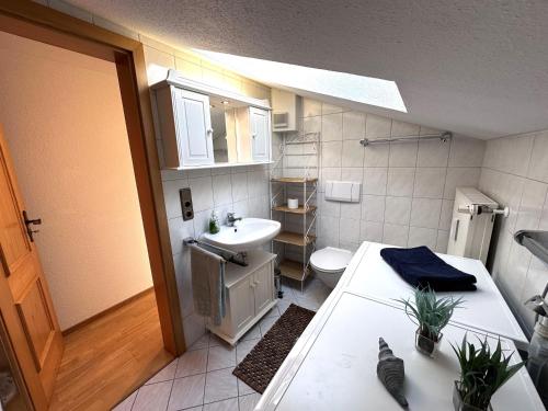 a small bathroom with a sink and a toilet at Berg & Tal in Oberstaufen