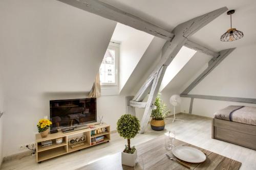 un salon avec une télévision et un canapé dans l'établissement L'Écrin de la Cathédrale, à Chartres