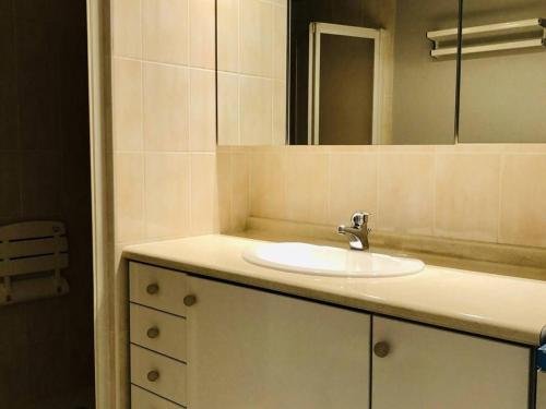 une salle de bain avec un lavabo et un miroir dans l'établissement Arcachon : Appartement T2 avec balcon et parking, à deux pas des plages de l'Aiguillon - FR-1-433-66, à Arcachon