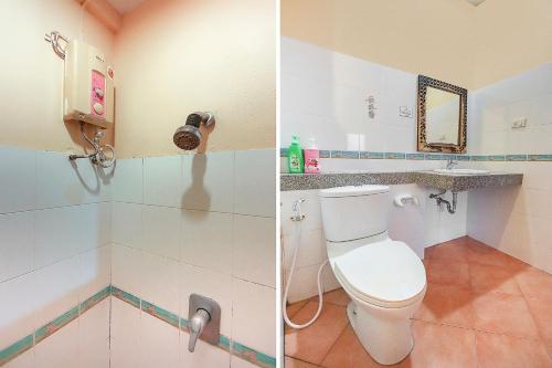 two pictures of a bathroom with a toilet and a phone at OYO 1148 Aonang Andaman Resort in Ao Nang Beach