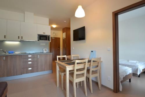 a kitchen and dining room with a table and chairs at Apartmány Rokytka Snowhouse in Rokytnice nad Jizerou