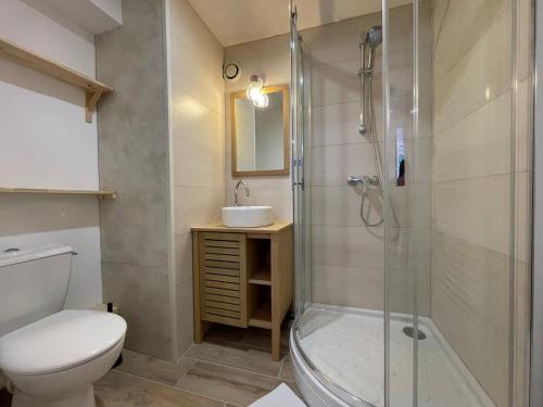 a bathroom with a shower and a toilet and a sink at Le Cocon - Parking - Hyper Center in Chartres
