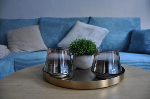 two wine glasses on a tray on a table at Villa Belino in Ruhla