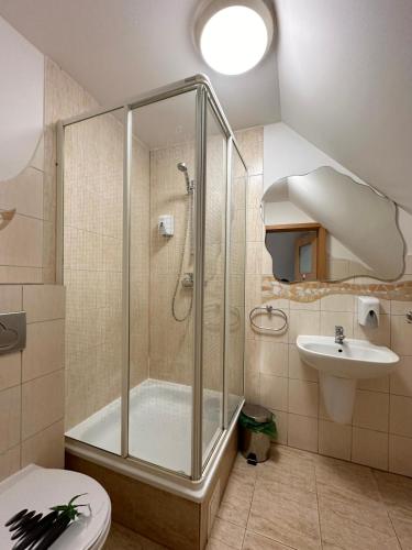 a bathroom with a shower and a toilet and a sink at Motel Za Miedzą in Bralin