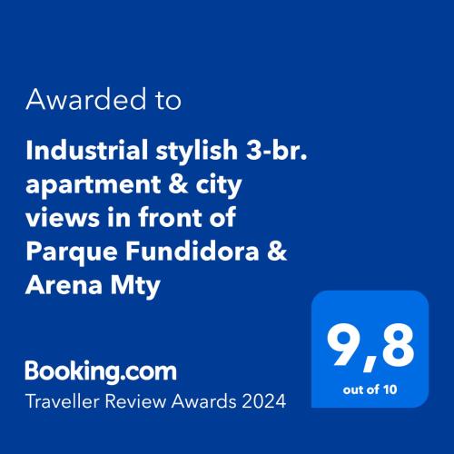 a screenshot of a cell phone with the text awarded to industrial style experiment at Industrial stylish 3-br. apartment & city views in front of Parque Fundidora & Arena Mty in Monterrey