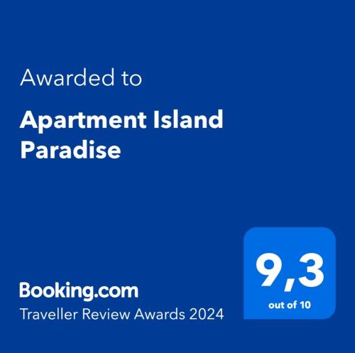 Sertifikāts, apbalvojums, norāde vai cits dokuments, kas ir izstādīts apskatei naktsmītnē Apartment Island Paradise