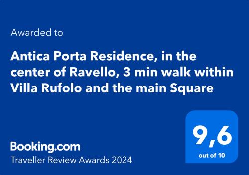 Certifikát, hodnocení, plakát nebo jiný dokument vystavený v ubytování Antica Porta Residence, in the center of Ravello, 3 min walk within Villa Rufolo and the main Square