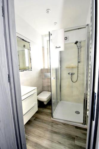 a bathroom with a shower and a toilet at Villa Sovita in Łeba