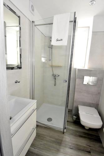a bathroom with a shower and a toilet and a sink at Villa Sovita in Łeba
