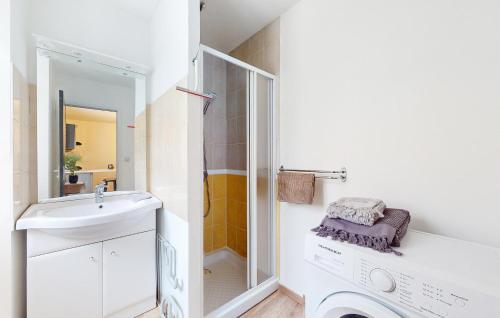 La salle de bains blanche est pourvue d'un lavabo et d'une douche. dans l'établissement Cozy Apartment In Marvejols With Kitchen, à Marvejols