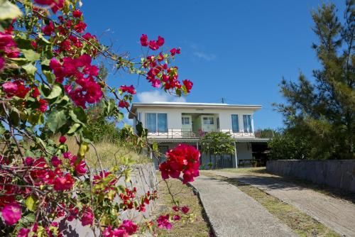 a white house with pink flowers in front of it at Le Refuge in Rodrigues Island