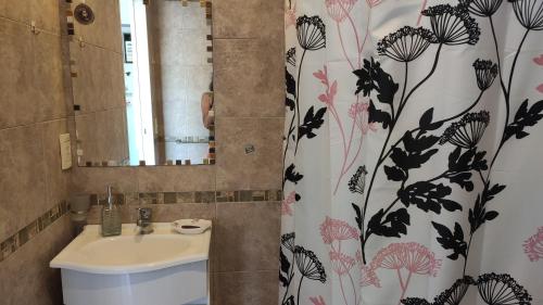 baño con lavabo y cortina de ducha en Luminoso y amplio 2 ambientes en Flores 45 m2 en Buenos Aires