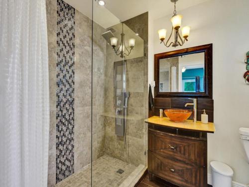 La salle de bains est pourvue d'une douche, d'un lavabo et d'un miroir. dans l'établissement Lush and quiet oasis for 7, pool, close to beach, à Fort Lauderdale
