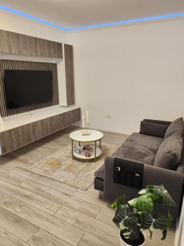 een woonkamer met een bank en een tv bij Apartament Elite Fundeni sector 2 in Dobroeşti