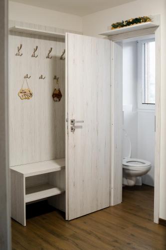 a bathroom with a toilet and a wooden door at U divokej včely in Ižipovce