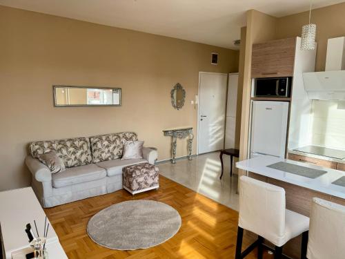 un soggiorno con divano e cucina di Trident Apartments 3 a Niš