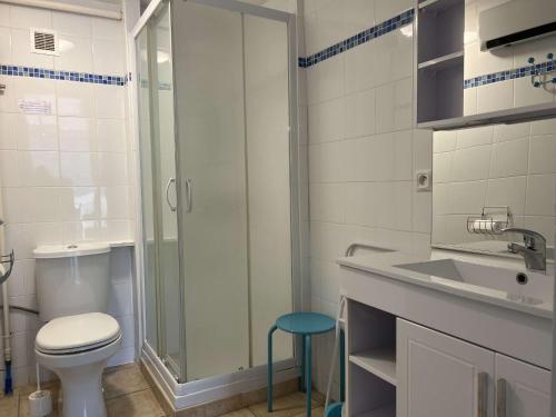 La salle de bains est pourvue d'une douche, de toilettes et d'un lavabo. dans l'établissement Appartement Amélie-les-Bains-Palalda, 3 pièces, 4 personnes - FR-1-659-28, à Amélie-les-Bains-Palalda
