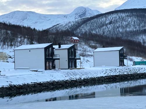 un grupo de edificios en la nieve con montañas en el fondo en Malangen Arctic Sealodge Cabin 10, en Meistervik