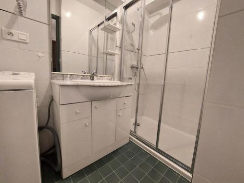 une salle de bain avec douche et lavabo dans l'établissement Résidence Montcalm D - Mignon logement, très agréable avec piscine, tennis ! MAE-6794, à Aix-les-Bains