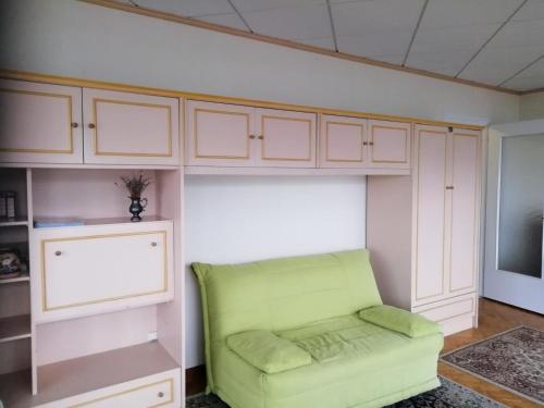 - un salon avec un canapé vert et des armoires dans l'établissement Résidence Les Belles Rives E - Vue magnifique et imprenable sur le lac du Bourget ! MAE-6774, à Aix-les-Bains