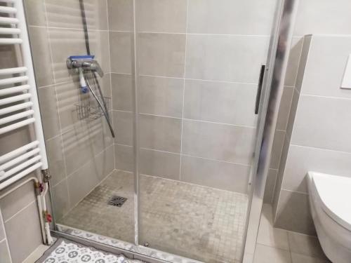 une douche avec une porte vitrée dans une salle de bain dans l'établissement Résidence Les Belles Rives E - Vue magnifique et imprenable sur le lac du Bourget ! MAE-6774, à Aix-les-Bains