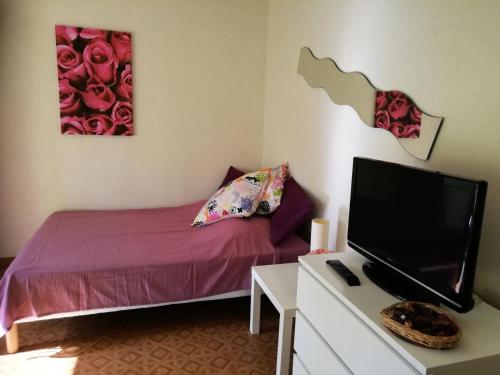 - une petite chambre avec un lit et une télévision dans l'établissement Résidence Le Chateau Durieux 4 - Ravisant et paisible studio 2 personnes ! MAE-7114, à Aix-les-Bains