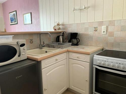 une cuisine avec un micro-ondes et un évier dans l'établissement Résidence Le Dauphin - T2 avec belle vue sur le coeur de la ville ! MAE-7254, à Aix-les-Bains