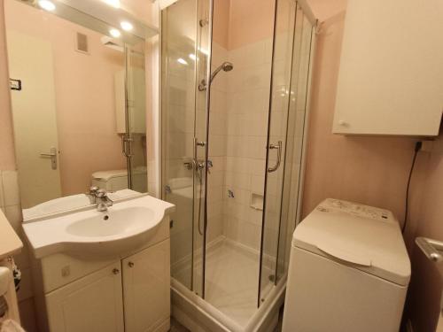 une salle de bain avec une douche, un lavabo et des toilettes dans l'établissement Résidence Le Dauphin - T2 avec belle vue sur le coeur de la ville ! MAE-7254, à Aix-les-Bains