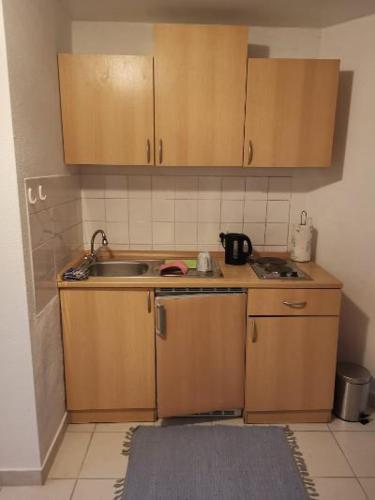 a small kitchen with wooden cabinets and a sink at Lagesche str.63 Detmold (zentralliegend) in Detmold