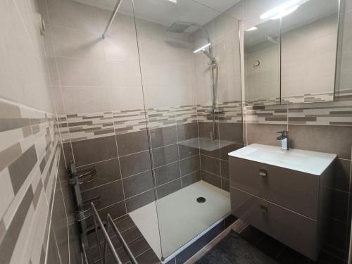 une salle de bain avec une douche avec un lavabo et un miroir dans l'établissement Résidence La Cerisaie - Coquet pour ce joli 2 pièces ! MAE-7004, à Aix-les-Bains