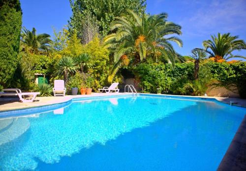 une grande piscine bleue avec 2 chaises et des palmiers dans l'établissement Villa Farniente - Villa idéale pour les familles MAE-4114, à La Grande Motte