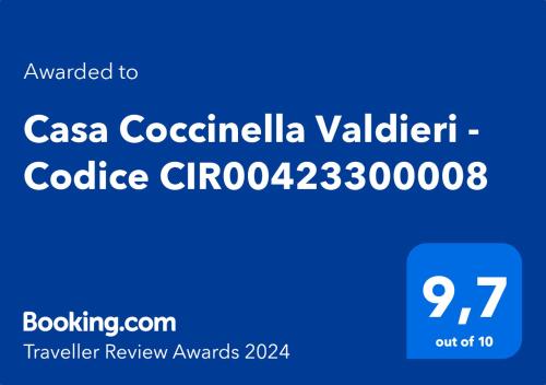 Certifikat, nagrada, logo ili neki drugi dokument izložen u objektu Casa Coccinella Valdieri - Codice CIR00423300008