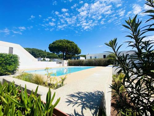 - une piscine dans une villa avec des plantes dans l'établissement Plein Soleil Iii - Maison proche de la plage et du centre ville MAE-4154, à La Grande Motte