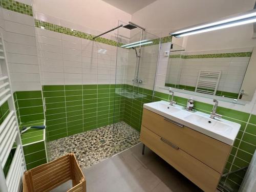 - une salle de bains verte et blanche pourvue d'un lavabo et d'une douche dans l'établissement Rêve cosy - Arceaux * Spacieux F3 * proche tram * wifi * parking, à Montpellier