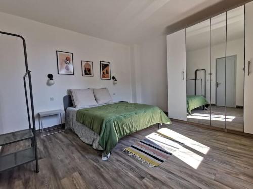 une chambre avec un lit et un grand miroir dans l'établissement Molinas agréable maison 2 chambres climatisation avec jardin et parking, à Avignon