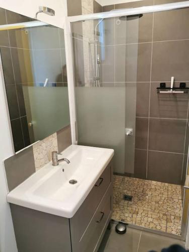 une salle de bain avec un lavabo et une douche dans l'établissement Molinas agréable maison 2 chambres climatisation avec jardin et parking, à Avignon